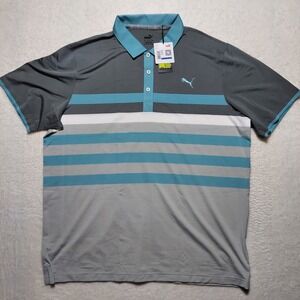 Puma MATTR One Way Polo Mens XL Gray Blue New Striped Golf Shirt 599115 30